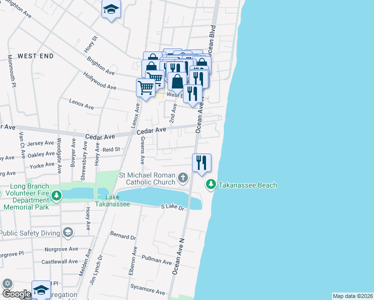 map of restaurants, bars, coffee shops, grocery stores, and more near 752 North Ocean Avenue in Long Branch