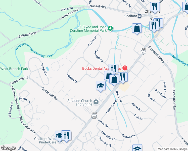 map of restaurants, bars, coffee shops, grocery stores, and more near 9 Hickory Lane in Chalfont