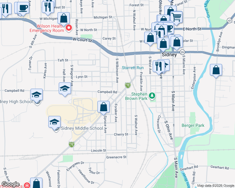 map of restaurants, bars, coffee shops, grocery stores, and more near 601 Chestnut Avenue in Sidney