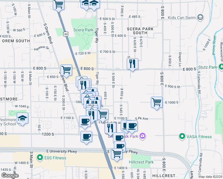 map of restaurants, bars, coffee shops, grocery stores, and more near 955 450 East in Orem