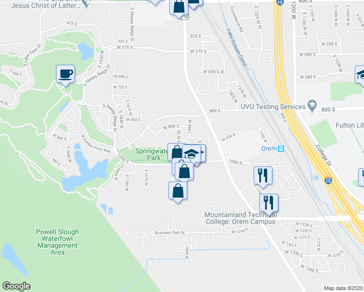 map of restaurants, bars, coffee shops, grocery stores, and more near 1596 980 South in Orem