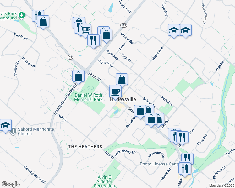 map of restaurants, bars, coffee shops, grocery stores, and more near 506 Main Street in Harleysville