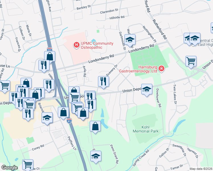 map of restaurants, bars, coffee shops, grocery stores, and more near 4320 Old Union Deposit Road in Harrisburg