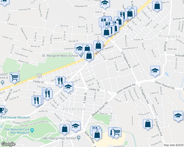 map of restaurants, bars, coffee shops, grocery stores, and more near 214 South 29th Street in Harrisburg