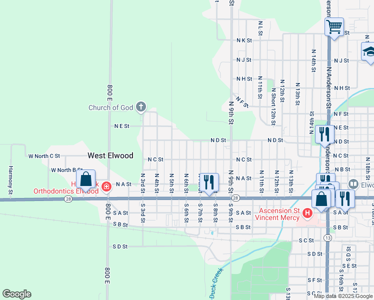 map of restaurants, bars, coffee shops, grocery stores, and more near 245 North 6th Street in Elwood