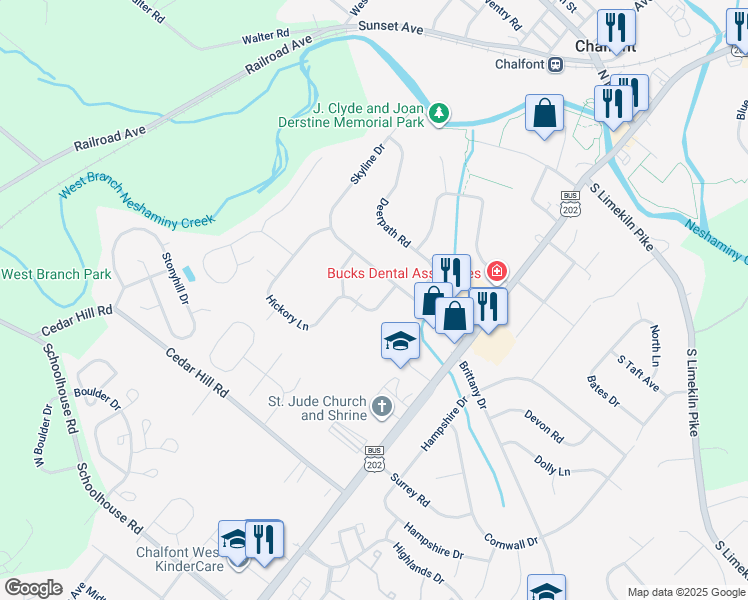 map of restaurants, bars, coffee shops, grocery stores, and more near 9 Hickory Lane in Chalfont