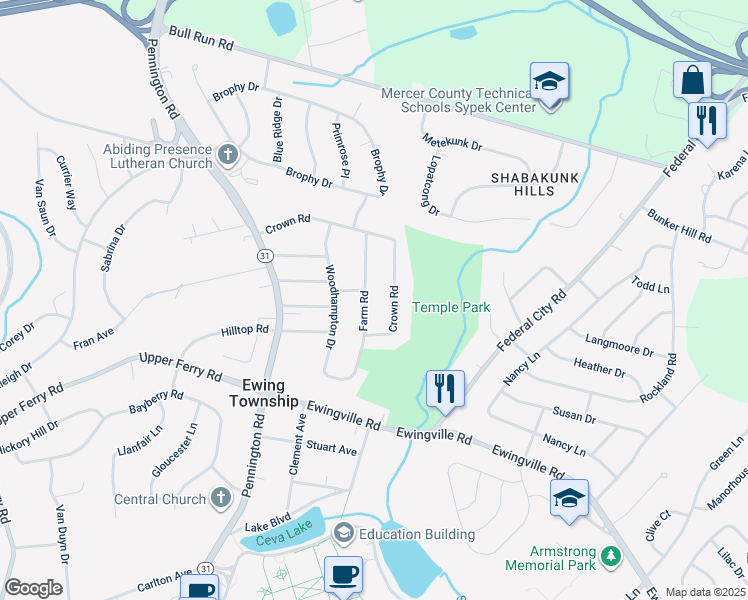 map of restaurants, bars, coffee shops, grocery stores, and more near 14 Farm Road in Ewing Township
