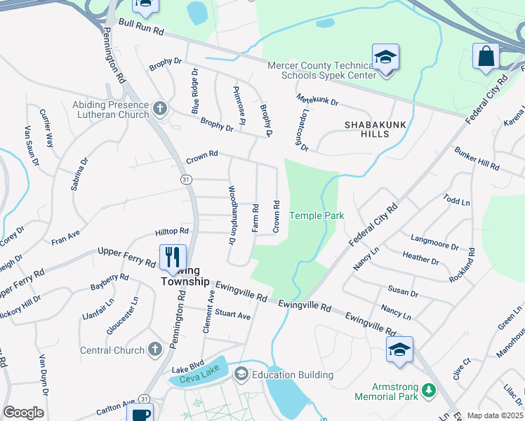 map of restaurants, bars, coffee shops, grocery stores, and more near 14 Farm Road in Ewing Township