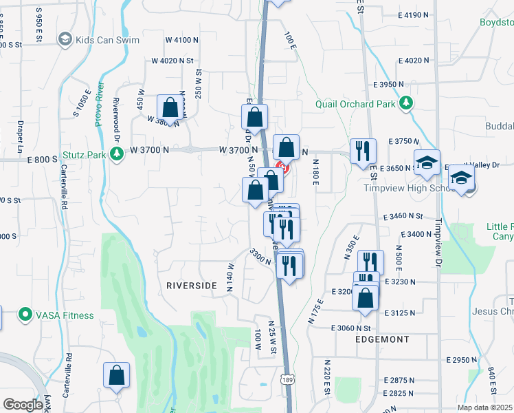 map of restaurants, bars, coffee shops, grocery stores, and more near 3355 North 50 West Street in Provo