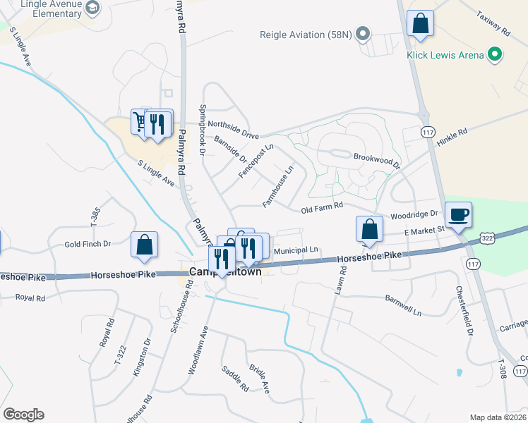 map of restaurants, bars, coffee shops, grocery stores, and more near 27 West Market Street in Palmyra