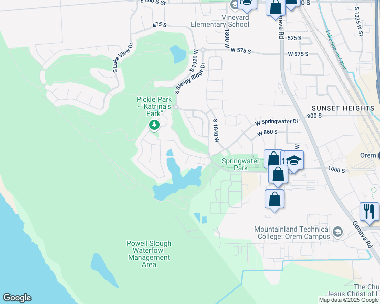 map of restaurants, bars, coffee shops, grocery stores, and more near 1926 West Golden Pond Way in Orem