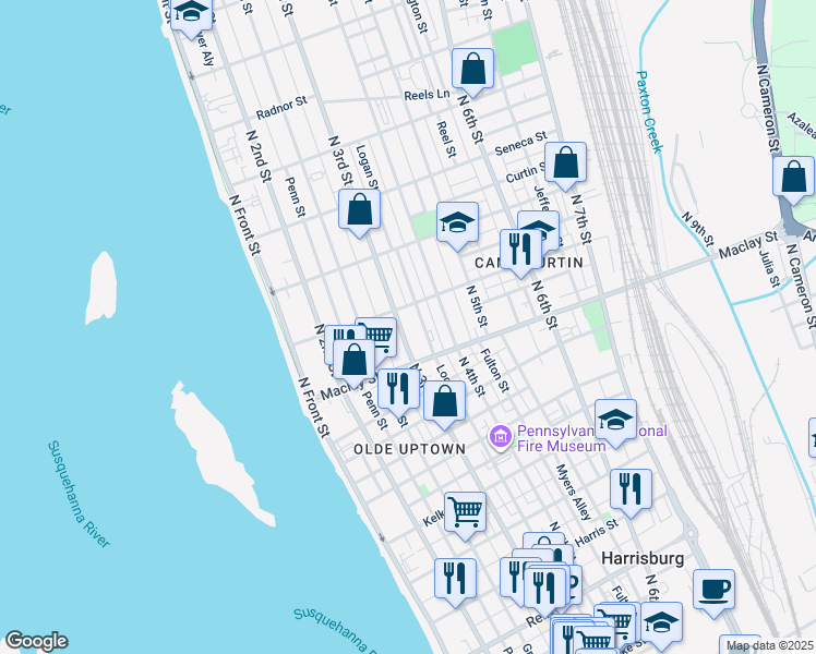 map of restaurants, bars, coffee shops, grocery stores, and more near 2117 North 3rd Street in Harrisburg