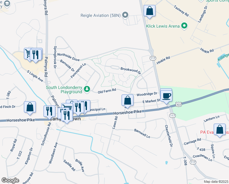 map of restaurants, bars, coffee shops, grocery stores, and more near 532 Old Farm Road in Palmyra