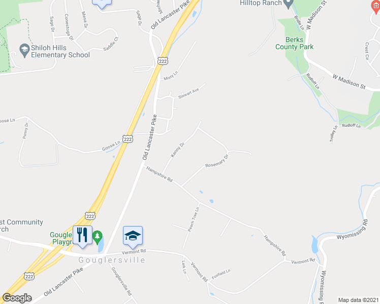 map of restaurants, bars, coffee shops, grocery stores, and more near 461 Kenny Drive in Sinking Spring