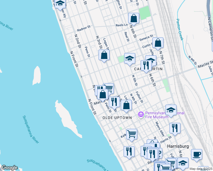 map of restaurants, bars, coffee shops, grocery stores, and more near 239 Woodbine Street in Harrisburg