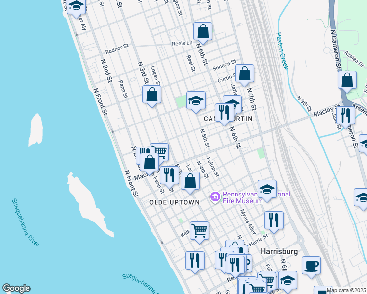 map of restaurants, bars, coffee shops, grocery stores, and more near in Harrisburg