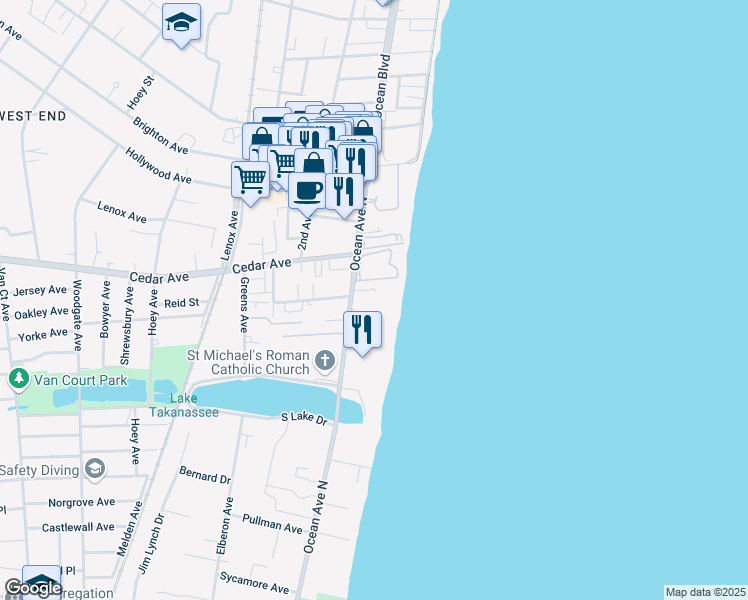 map of restaurants, bars, coffee shops, grocery stores, and more near 755 Ocean Avenue in Long Branch