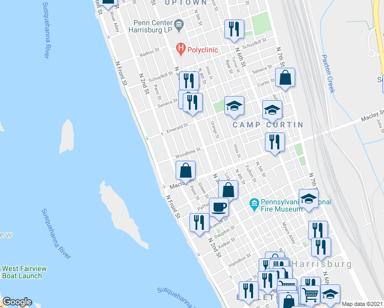 map of restaurants, bars, coffee shops, grocery stores, and more near 2127 Green Street in Harrisburg