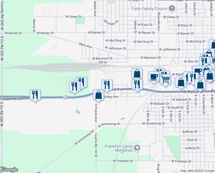 map of restaurants, bars, coffee shops, grocery stores, and more near 1401 Walnut Avenue in Frankfort
