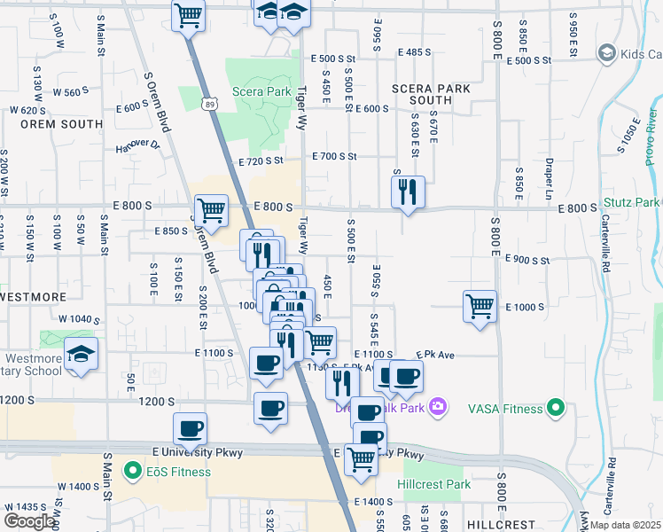map of restaurants, bars, coffee shops, grocery stores, and more near 927 450 East in Orem
