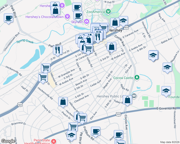 map of restaurants, bars, coffee shops, grocery stores, and more near 325 Beech Avenue in Hershey