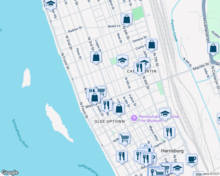 map of restaurants, bars, coffee shops, grocery stores, and more near 2117 North 3rd Street in Harrisburg