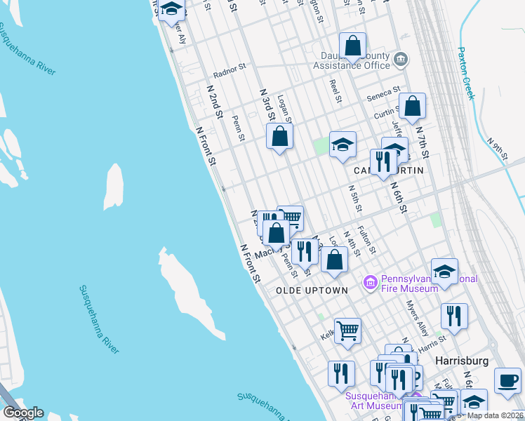 map of restaurants, bars, coffee shops, grocery stores, and more near 2113 North 2nd Street in Harrisburg