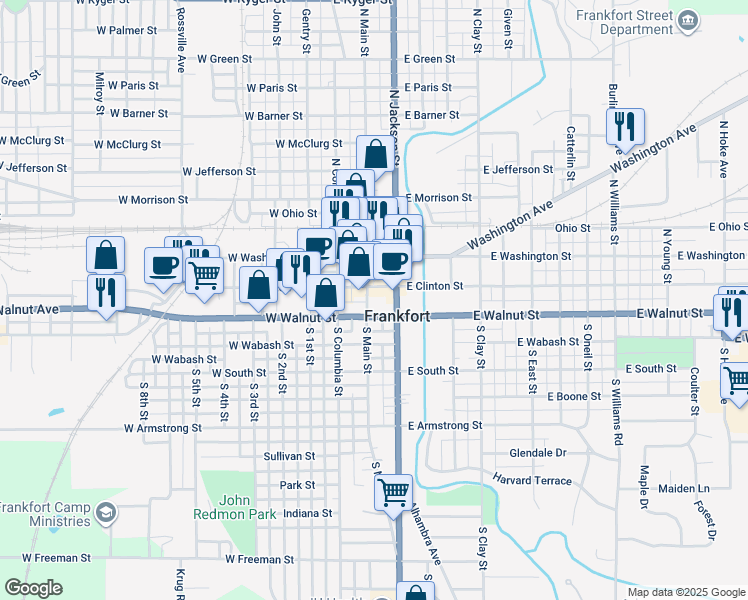 map of restaurants, bars, coffee shops, grocery stores, and more near in Frankfort