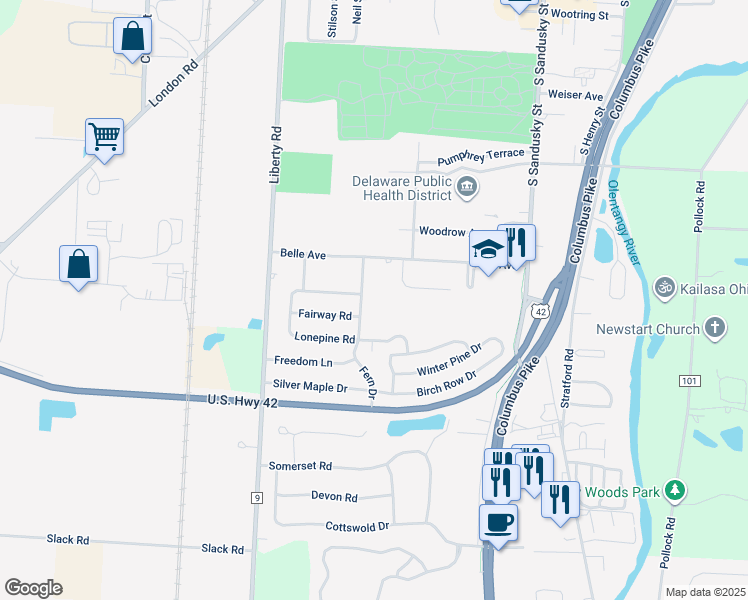map of restaurants, bars, coffee shops, grocery stores, and more near 675 Fern Drive in Delaware