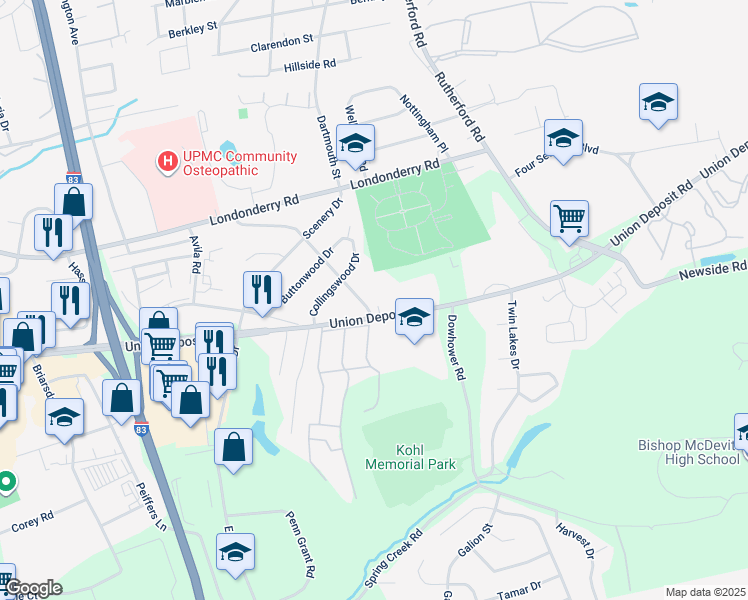 map of restaurants, bars, coffee shops, grocery stores, and more near 1070 Lakewood Drive in Harrisburg