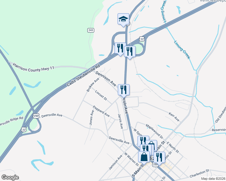 map of restaurants, bars, coffee shops, grocery stores, and more near 608 Mc Cready Avenue in Cadiz