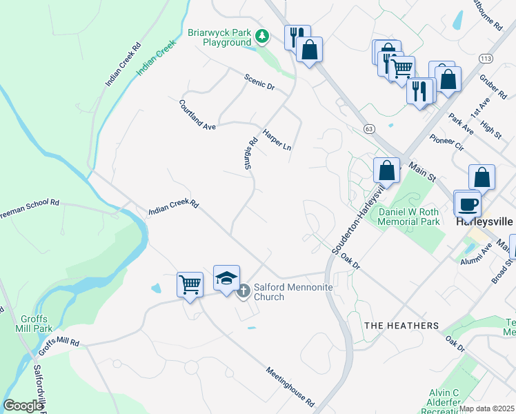 map of restaurants, bars, coffee shops, grocery stores, and more near 661 Freedom Way in Harleysville