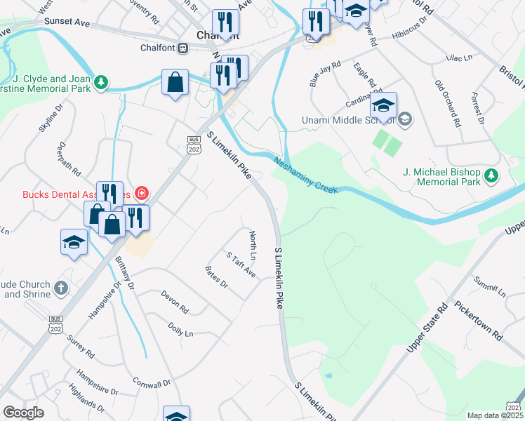 map of restaurants, bars, coffee shops, grocery stores, and more near 113 North Lane in Chalfont