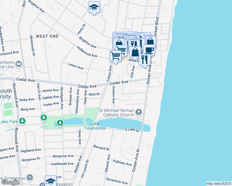 map of restaurants, bars, coffee shops, grocery stores, and more near 713 Greens Avenue in Long Branch