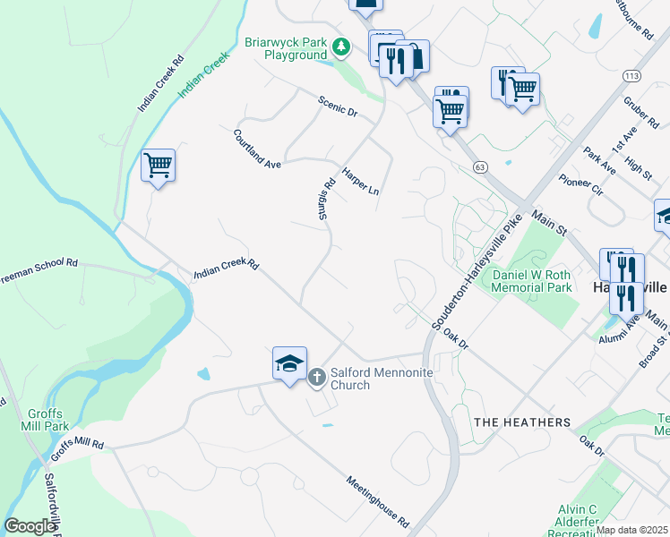 map of restaurants, bars, coffee shops, grocery stores, and more near 661 Freedom Way in Harleysville