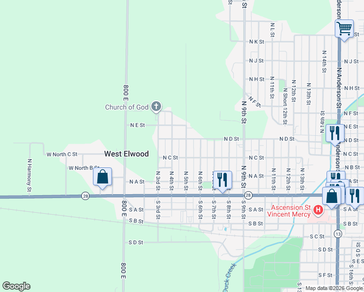 map of restaurants, bars, coffee shops, grocery stores, and more near 420 North 5th Street in Elwood