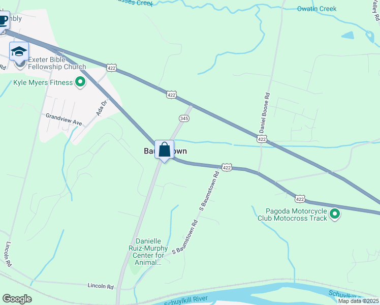 map of restaurants, bars, coffee shops, grocery stores, and more near 157 East Baumstown Road in Birdsboro