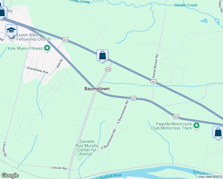 map of restaurants, bars, coffee shops, grocery stores, and more near 157 East Baumstown Road in Birdsboro
