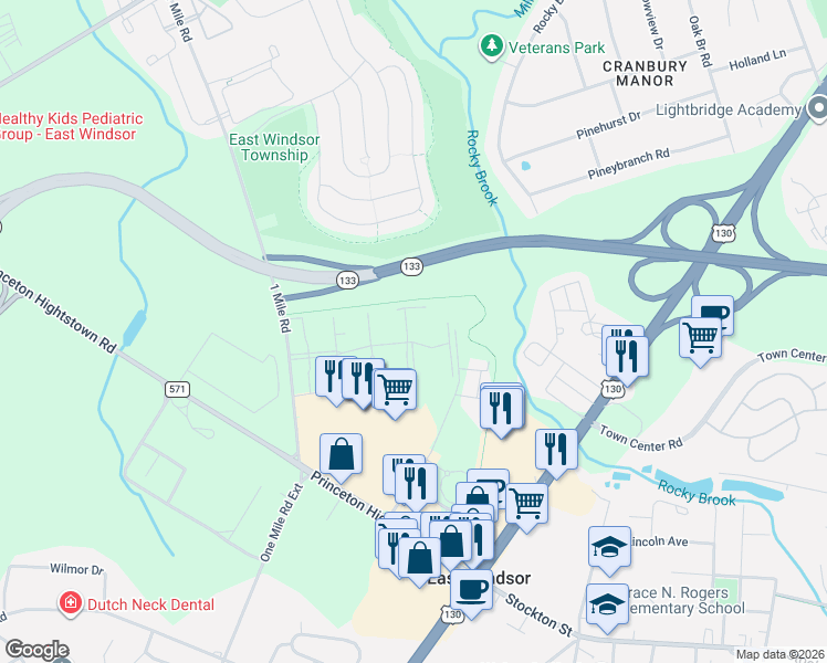map of restaurants, bars, coffee shops, grocery stores, and more near 132 The Orchards in East Windsor