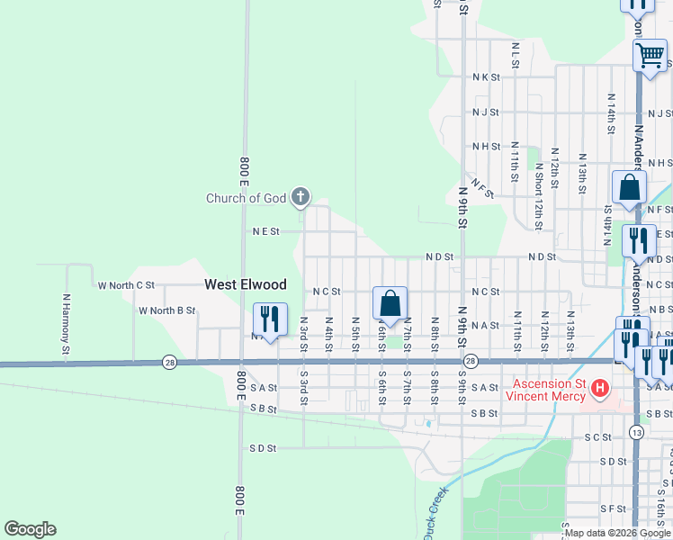 map of restaurants, bars, coffee shops, grocery stores, and more near 420 North 5th Street in Elwood