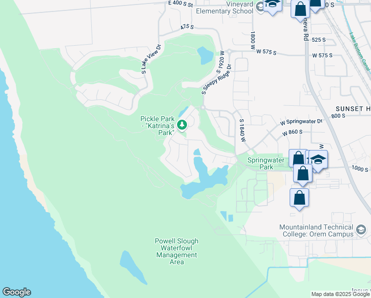 map of restaurants, bars, coffee shops, grocery stores, and more near 2036 West Golden Pond Way in Orem