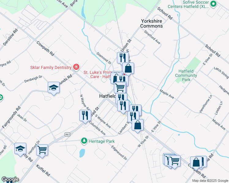 map of restaurants, bars, coffee shops, grocery stores, and more near 63 East Broad Street in Hatfield