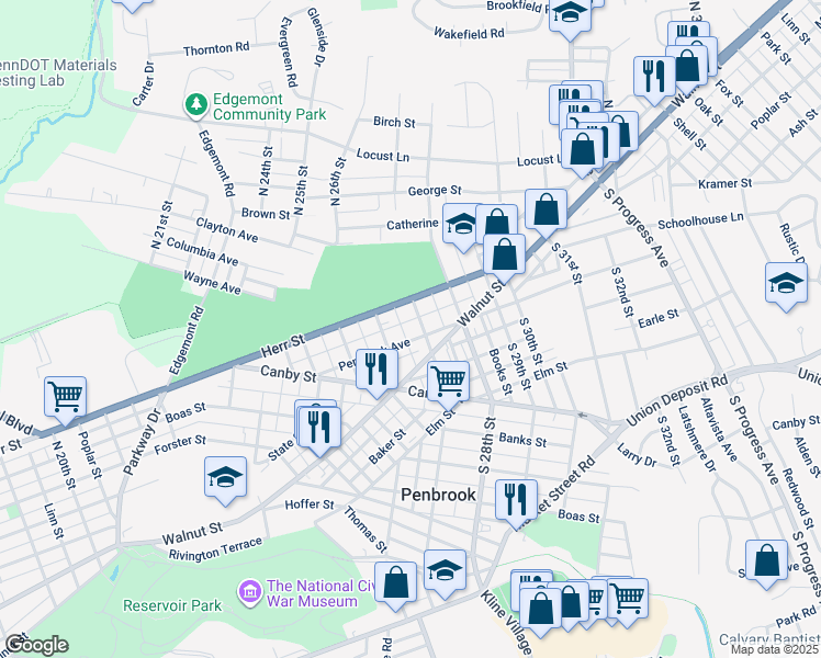 map of restaurants, bars, coffee shops, grocery stores, and more near 2627 Herr Street in Harrisburg