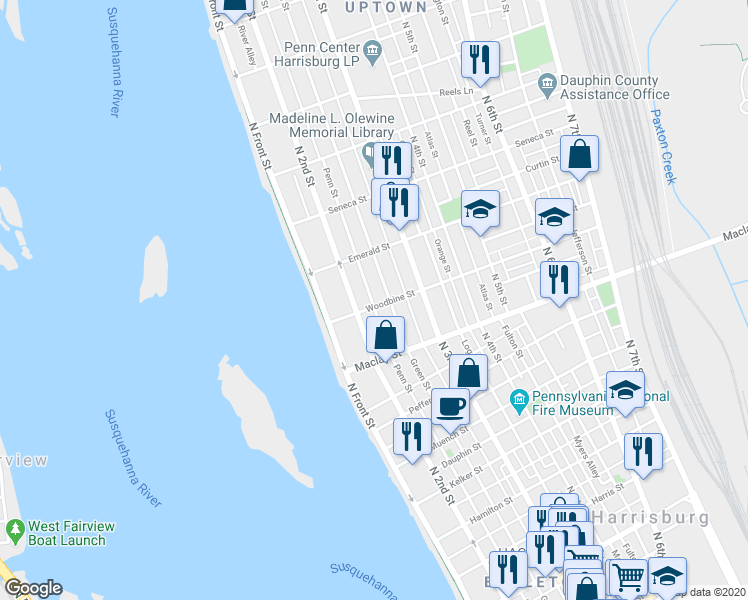 map of restaurants, bars, coffee shops, grocery stores, and more near 220 Woodbine Street in Harrisburg