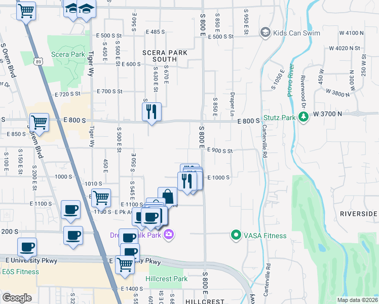 map of restaurants, bars, coffee shops, grocery stores, and more near 875 South 700 East in Orem