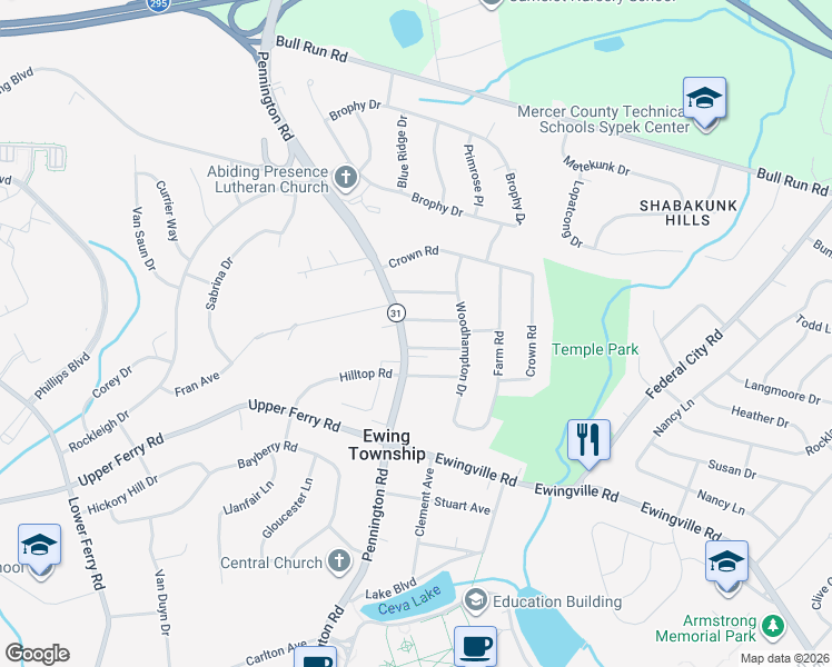 map of restaurants, bars, coffee shops, grocery stores, and more near 1 Woodbury Road in Ewing Township