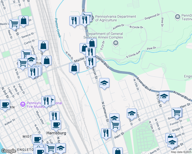 map of restaurants, bars, coffee shops, grocery stores, and more near North Cameron Street in Harrisburg
