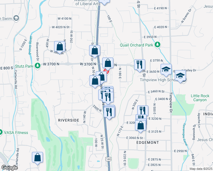 map of restaurants, bars, coffee shops, grocery stores, and more near 3575 100 East in Provo