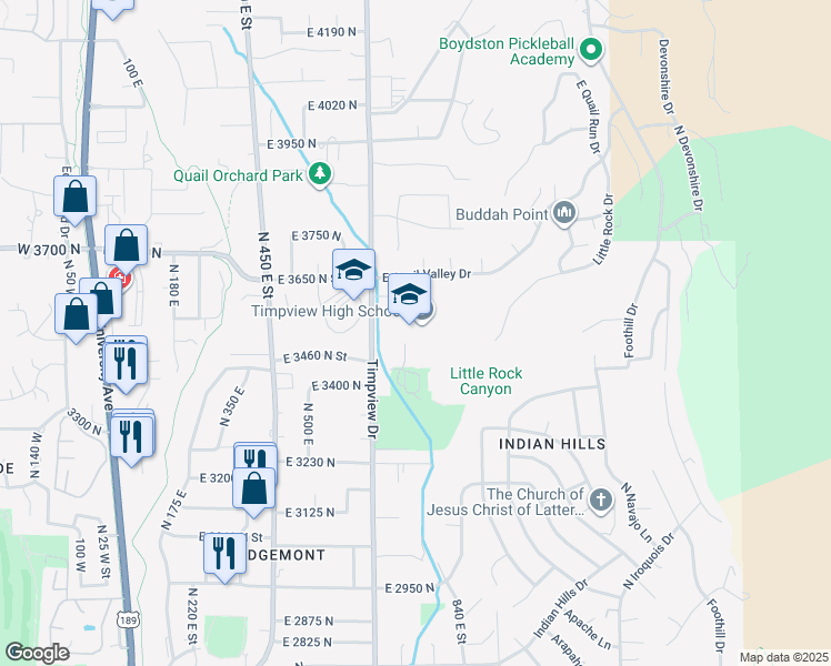 map of restaurants, bars, coffee shops, grocery stores, and more near 3570 Timpview Drive in Provo