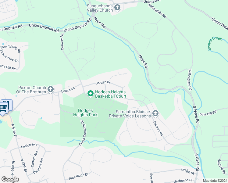 map of restaurants, bars, coffee shops, grocery stores, and more near 6720 Conway Road in Harrisburg